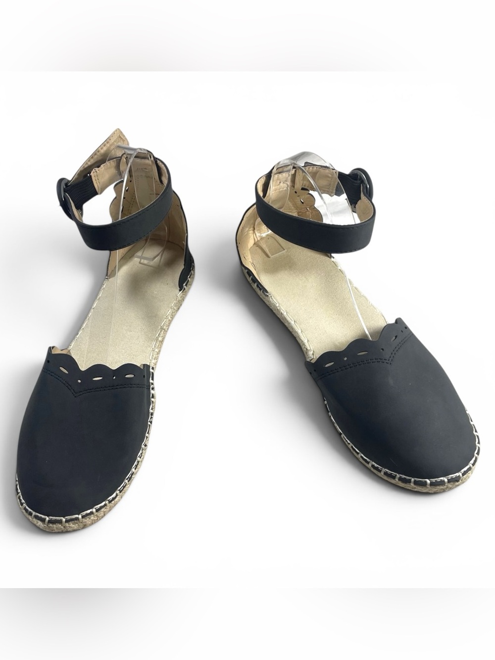 Wanted Kensington Black Espadrille Flats Ankle Strap Scallop Trim size 9